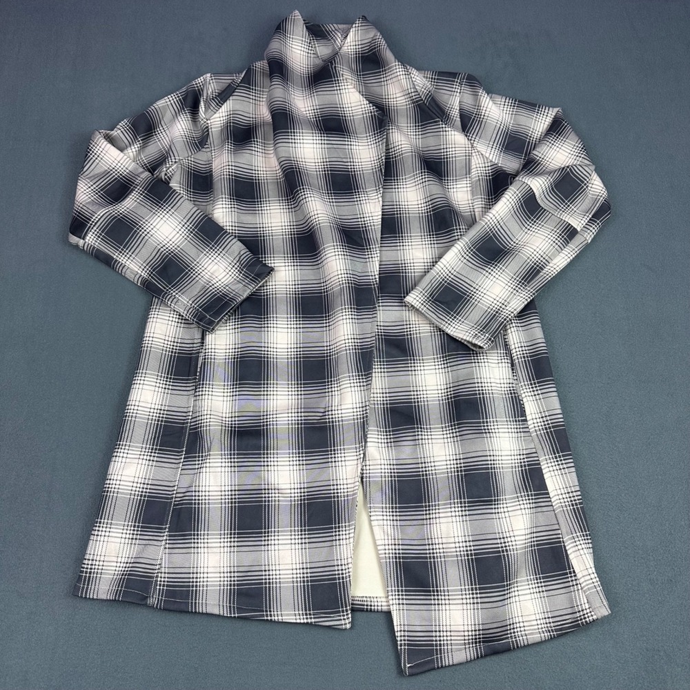 Hem & Thread Navy Blue White Plaid Open Front Draped Cardigan Jacket Womens L